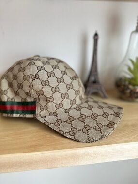 Gucci Brown-Beige GG Monogram Cap with Green-Red Web